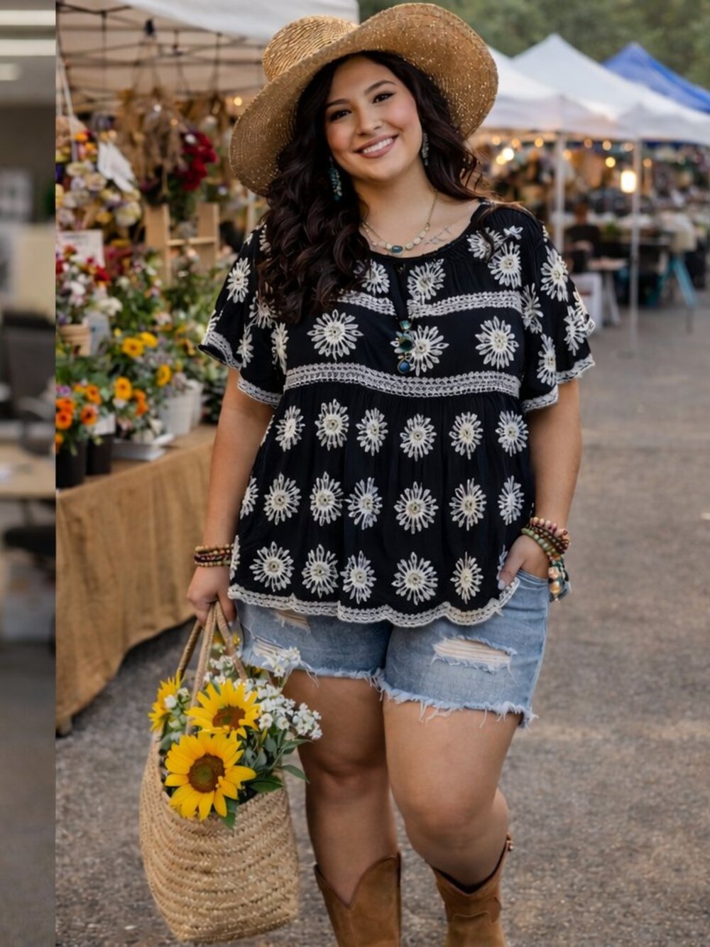 Est. 1946 Size 26/28 (3X) Black BOHO Blouse White Embroidery Short Sleeve